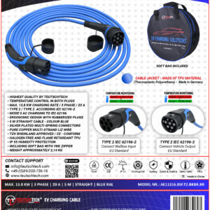 kabelmeister® E-Auto-Ladekabel Mode 3, Typ 2 Stecker an Buchse, 3-phasig,  16 A, 11 kW, blau, 10m, Typ 2 Ladekabel, Elektromobilität