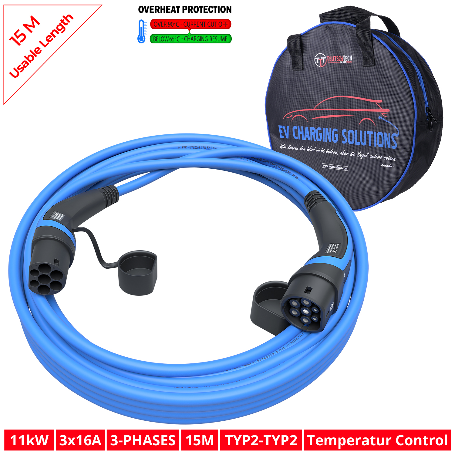 EV Ladekabel blau / 15M / 11kW / 3x16A / Typ2-Typ2 / Integrierte  Temperaturüberwachung / Aufbewahrungstasche mit Qualitätsreißverschluss -  Teutschtech