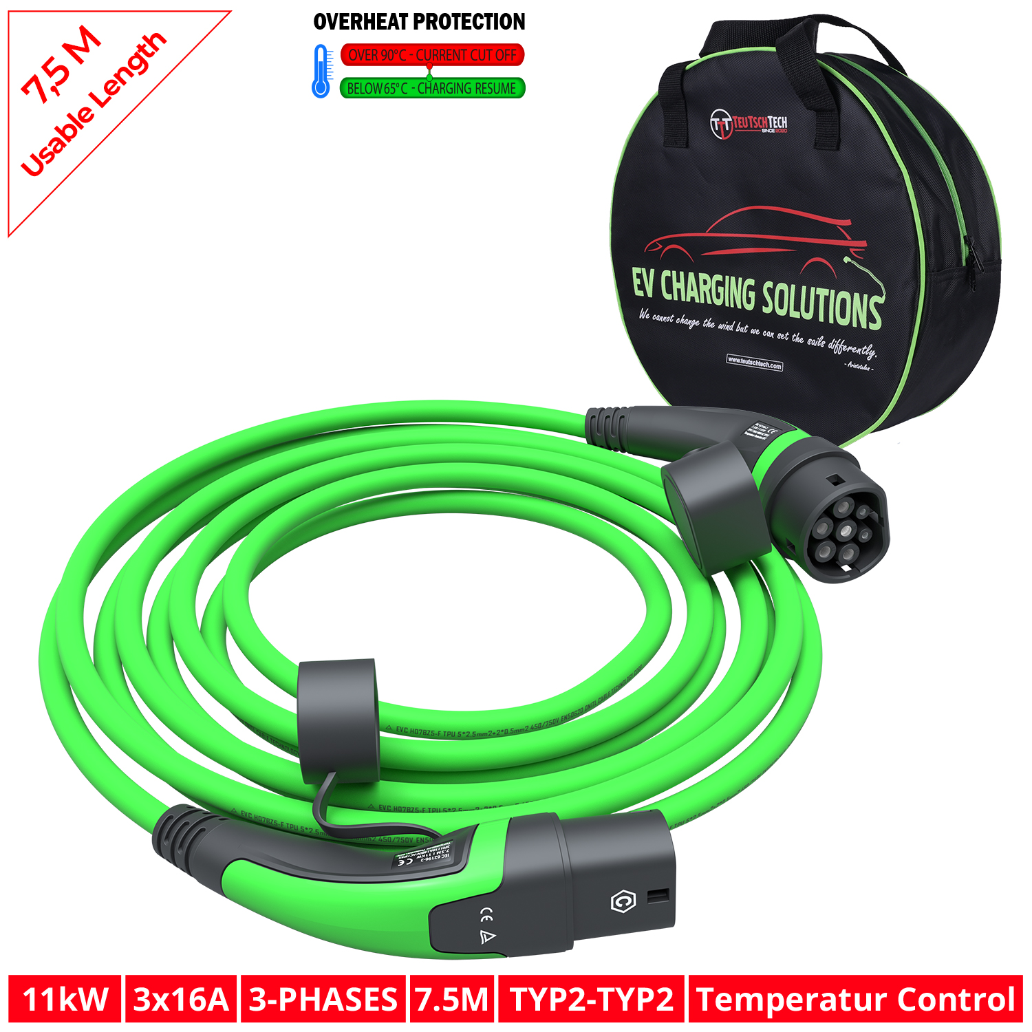 EV Ladekabel grün / 7,5M / 11kW / 3x16A / Typ2-Typ2 / Integrierte