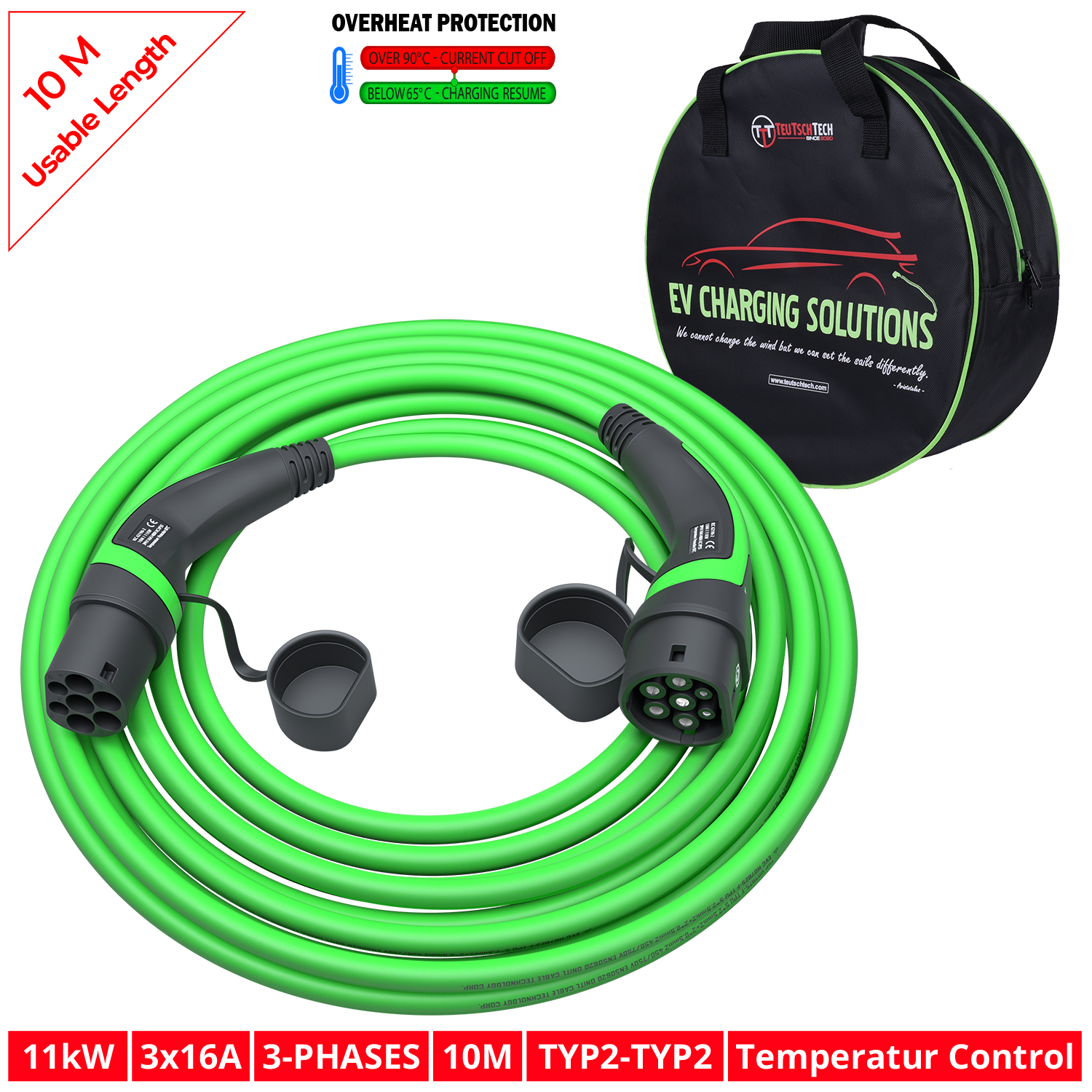 EV Ladekabel grün / 10M / 11kW / 3x16A / Typ2-Typ2 / Integrierte  Temperaturüberwachung / Aufbewahrungstasche mit Qualitätsreißverschluss -  Teutschtech
