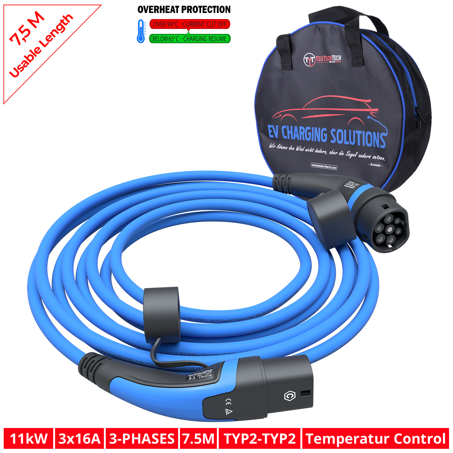 EV Ladekabel blau / 7,5M / 11kW / 3x16A / Typ2-Typ2 / Integrierte  Temperaturüberwachung - Teutschtech