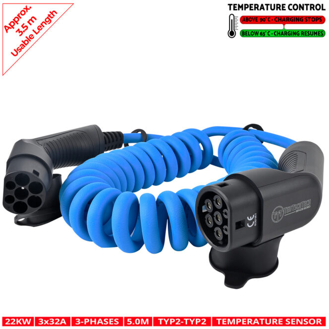 Ladekabel spiral Typ 2 | 3x32A | 22kW | 5m | Ladetemperaturkontrolle | Oberflaeche mit Microstruktur | blau