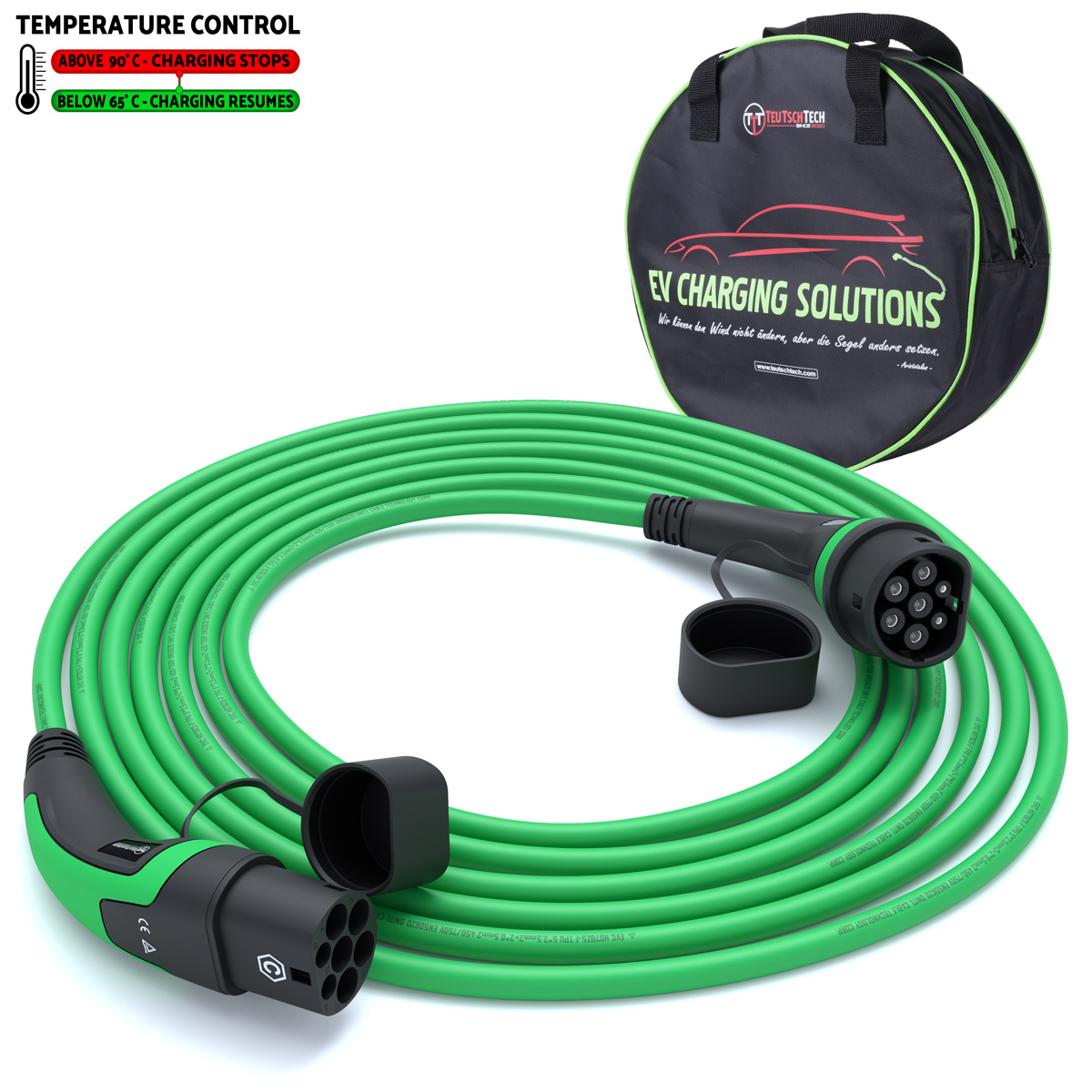 Typ 2 Ladekabel 11 kW | 5 m | Grün | Temperaturüberwacht | Sicher Laden