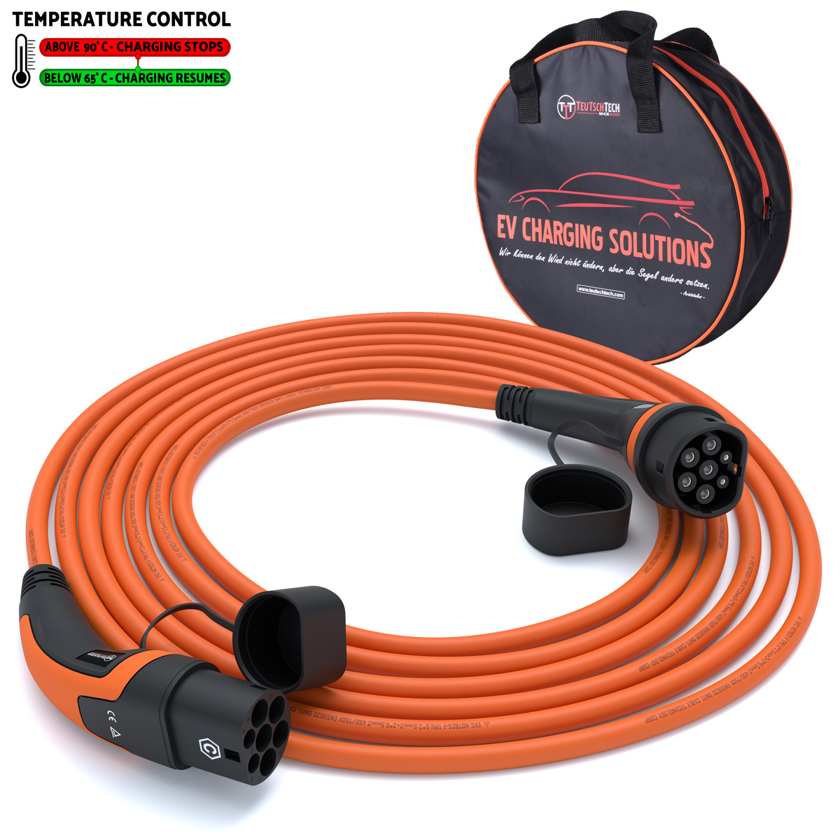 Typ 2 Ladekabel Mode 3 | 16 A | 11 kW | 5 m | Temperaturüberwacht | Sicher Laden | Orange