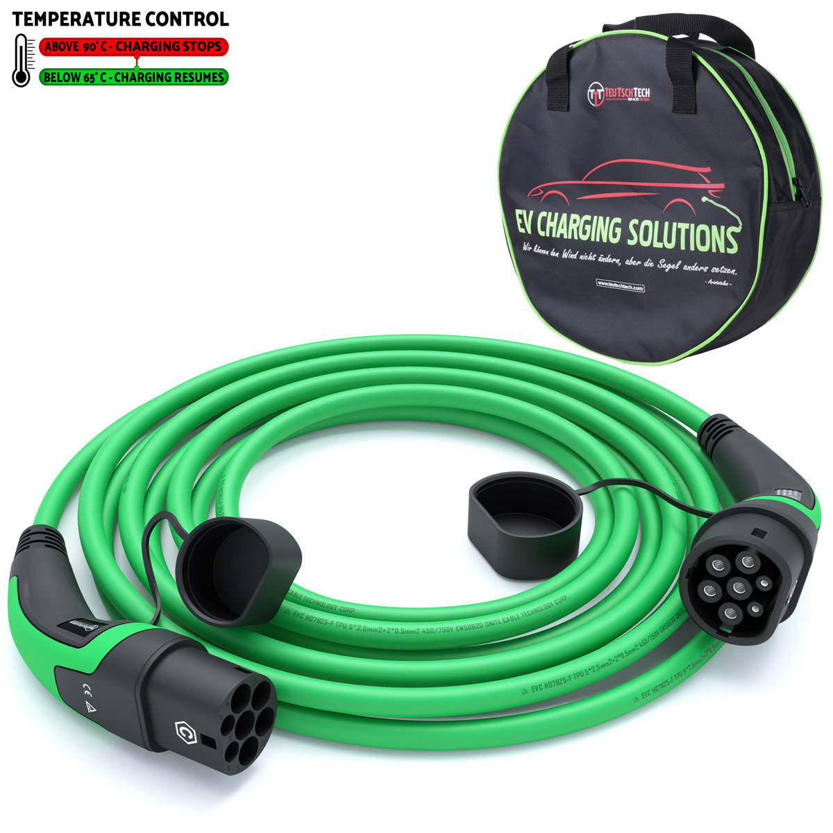 Typ 2 Ladekabel 11 kW | 7,5 m | Grün | Temperaturüberwacht | Sicher Laden