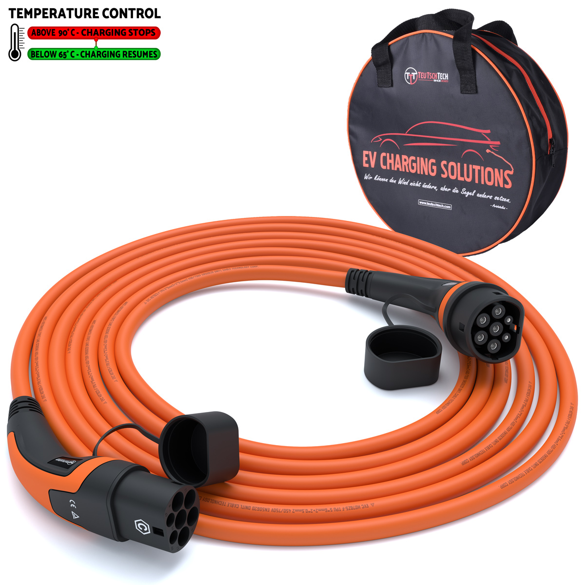 Typ 2 Ladekabel 22 kW | 5 m | Orange | Temperaturüberwacht | Sicher Laden
