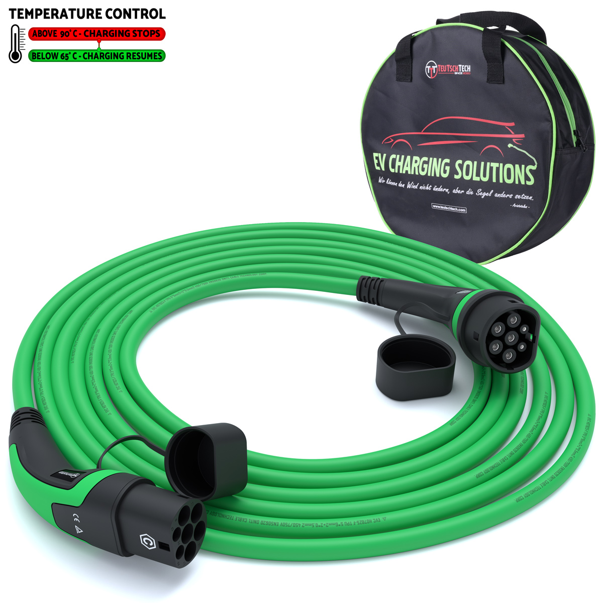 Typ 2 Ladekabel 22 kW | 5 m | Grün | Temperaturüberwacht | Sicher Laden
