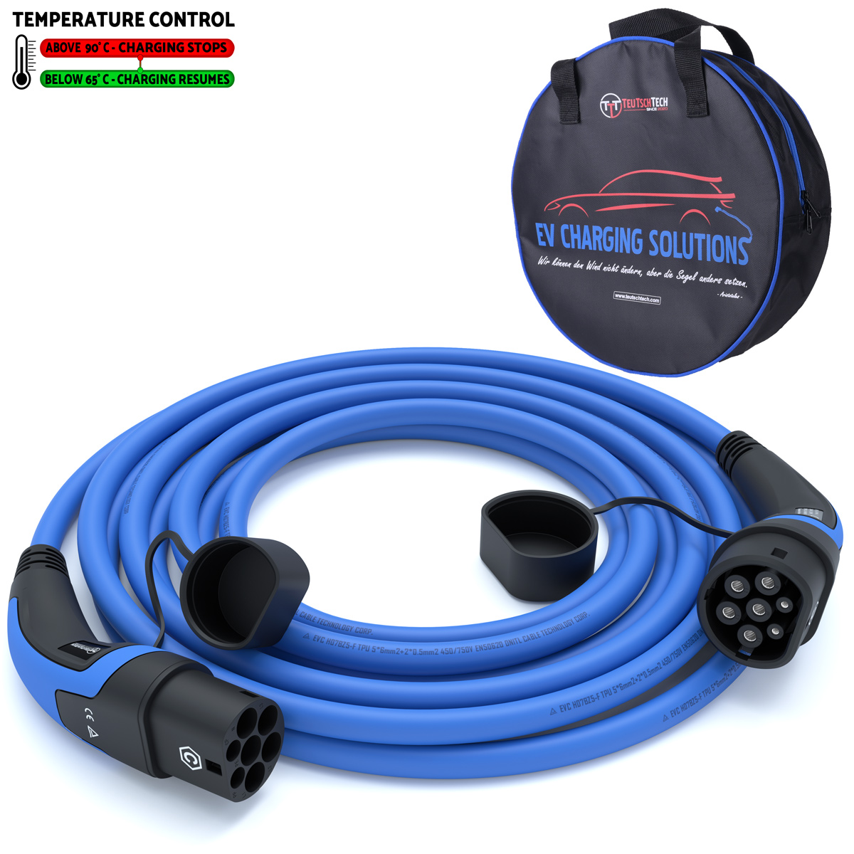 Typ 2 Ladekabel 22 kW | 7,5 m | Blau | Temperaturüberwacht | Sicher Laden