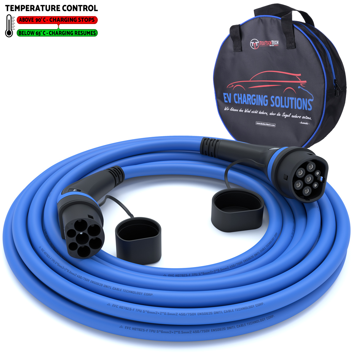 Typ 2 Ladekabel 22 kW | 10 m | Blau | Temperaturüberwacht | Sicher Laden