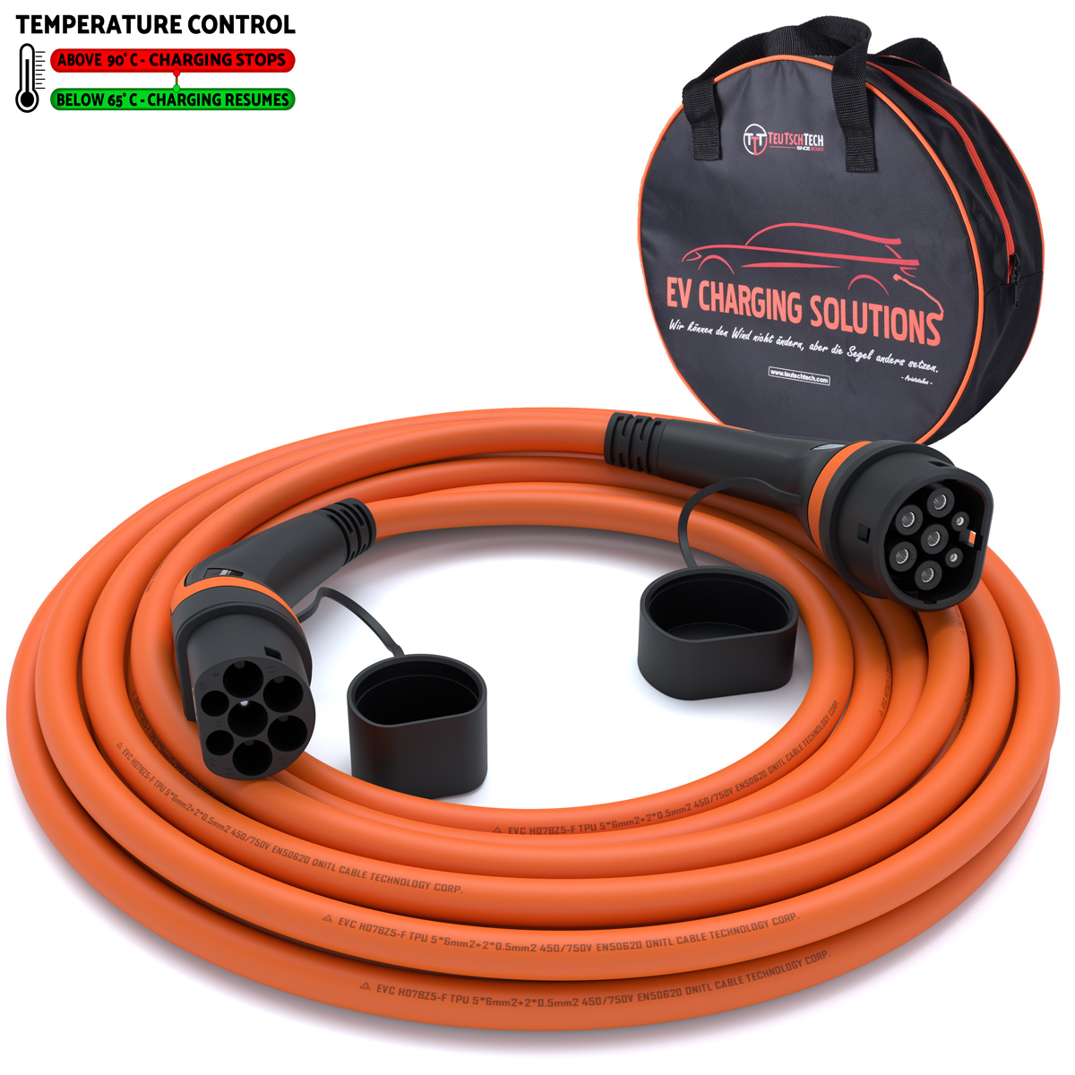 Typ 2 Ladekabel 22 kW | 10 m | Orange | Temperaturüberwacht | Sicher Laden