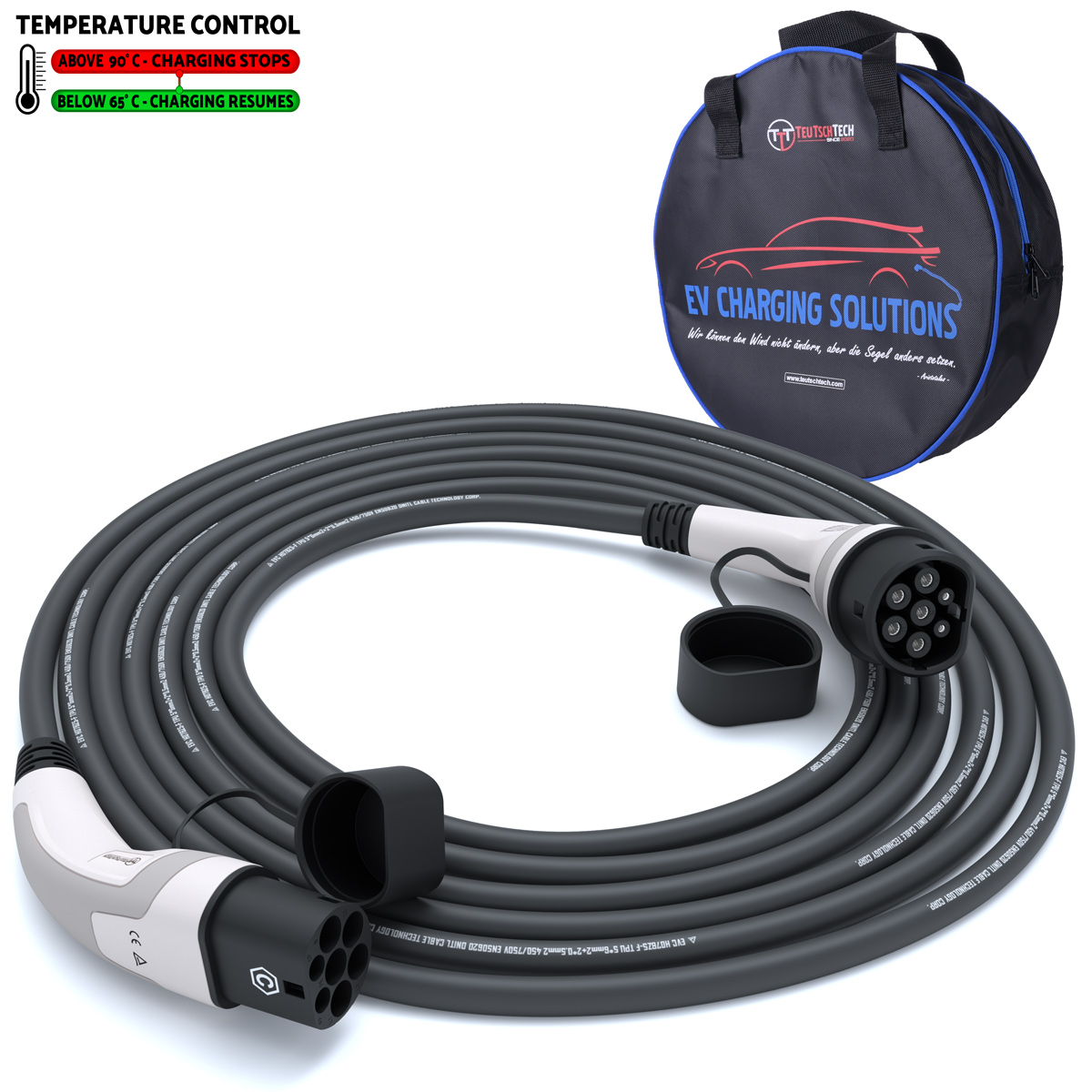 Typ 2 Ladekabel 22 kW | 5 m | Schwarz | Temperaturüberwacht | Sicher Laden