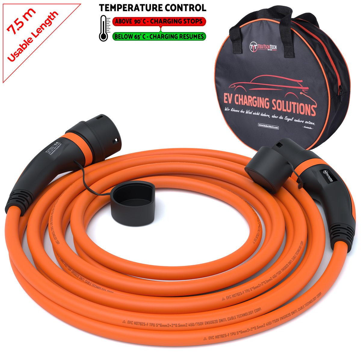 Typ 2 Ladekabel 22 kW | 7,5 m | Orange | Temperaturüberwacht | Sicher Laden – Bild 2