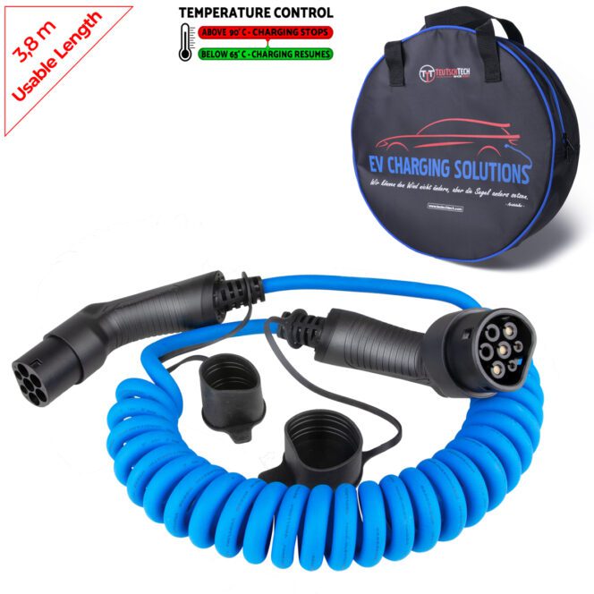 Ladekabel spiral Typ 2 | 6M | 11kW | 3x16A | Temperaturüberwachung | schonende Oberflächenstruktur | blau