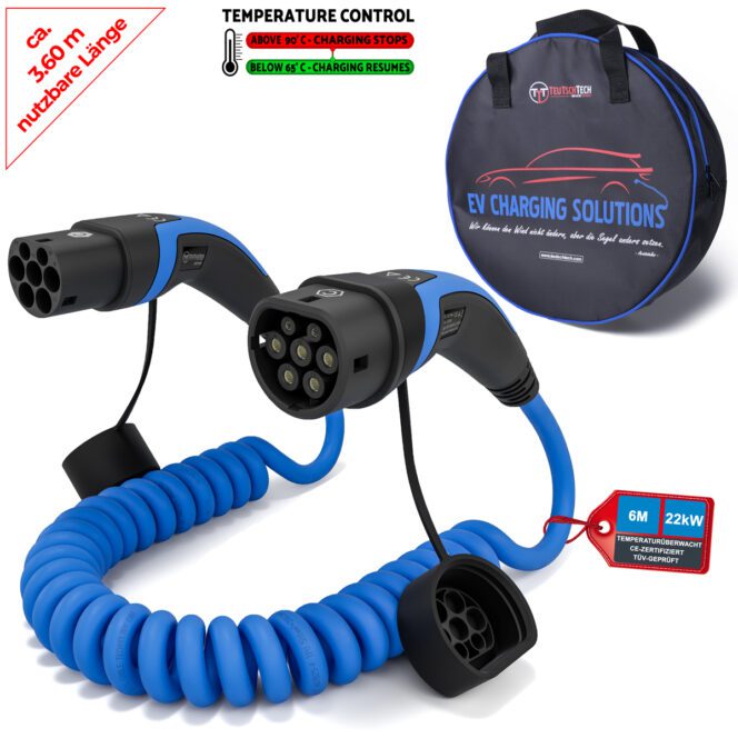 Ladekabel spiral Typ 2 | 3x32A | 22kW | 6m | Ladetemperaturkontrolle | blau