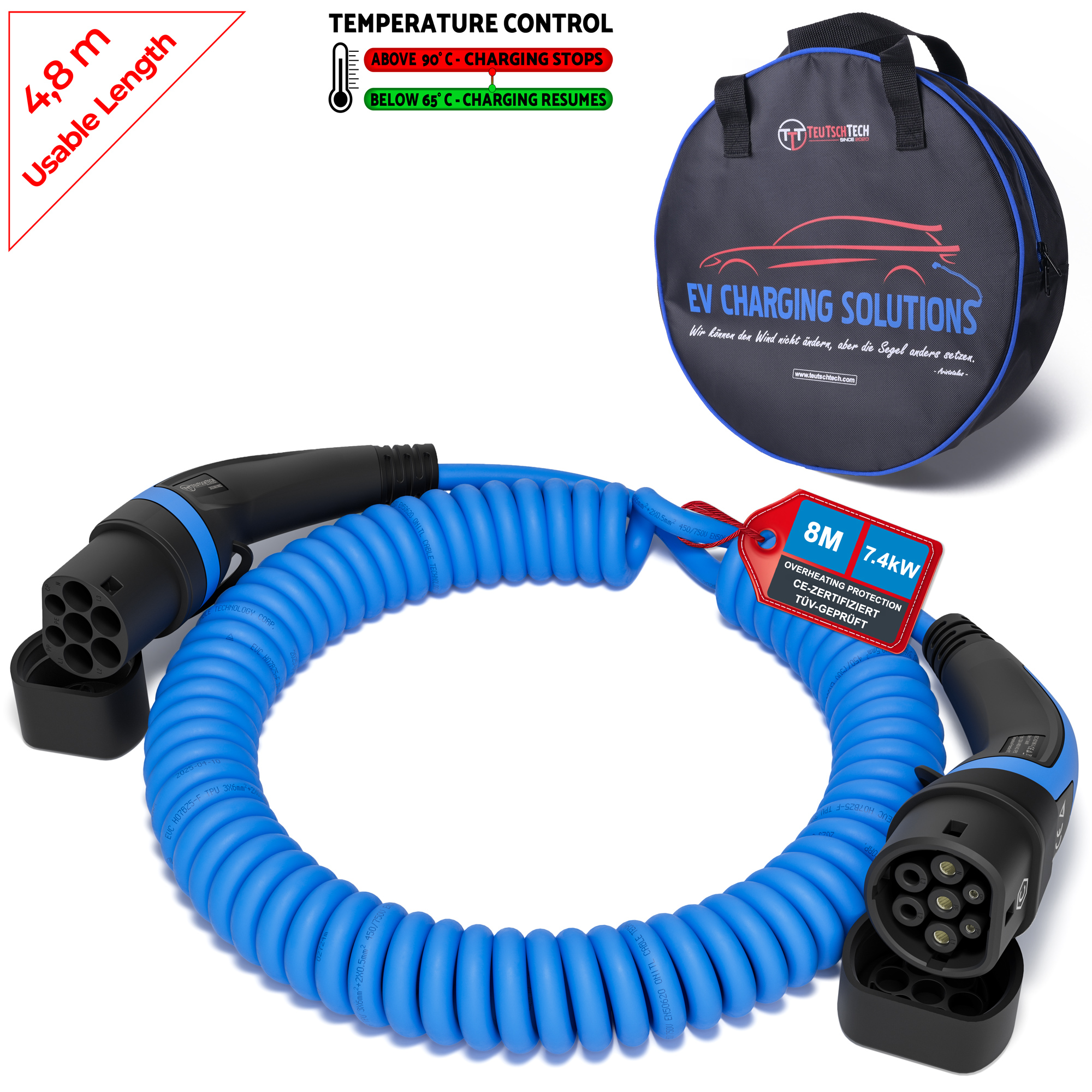 Typ 2 Ladekabel spiral | 1x32A | 7.4 kW | 8m | Ladetemperaturkontrolle | blau