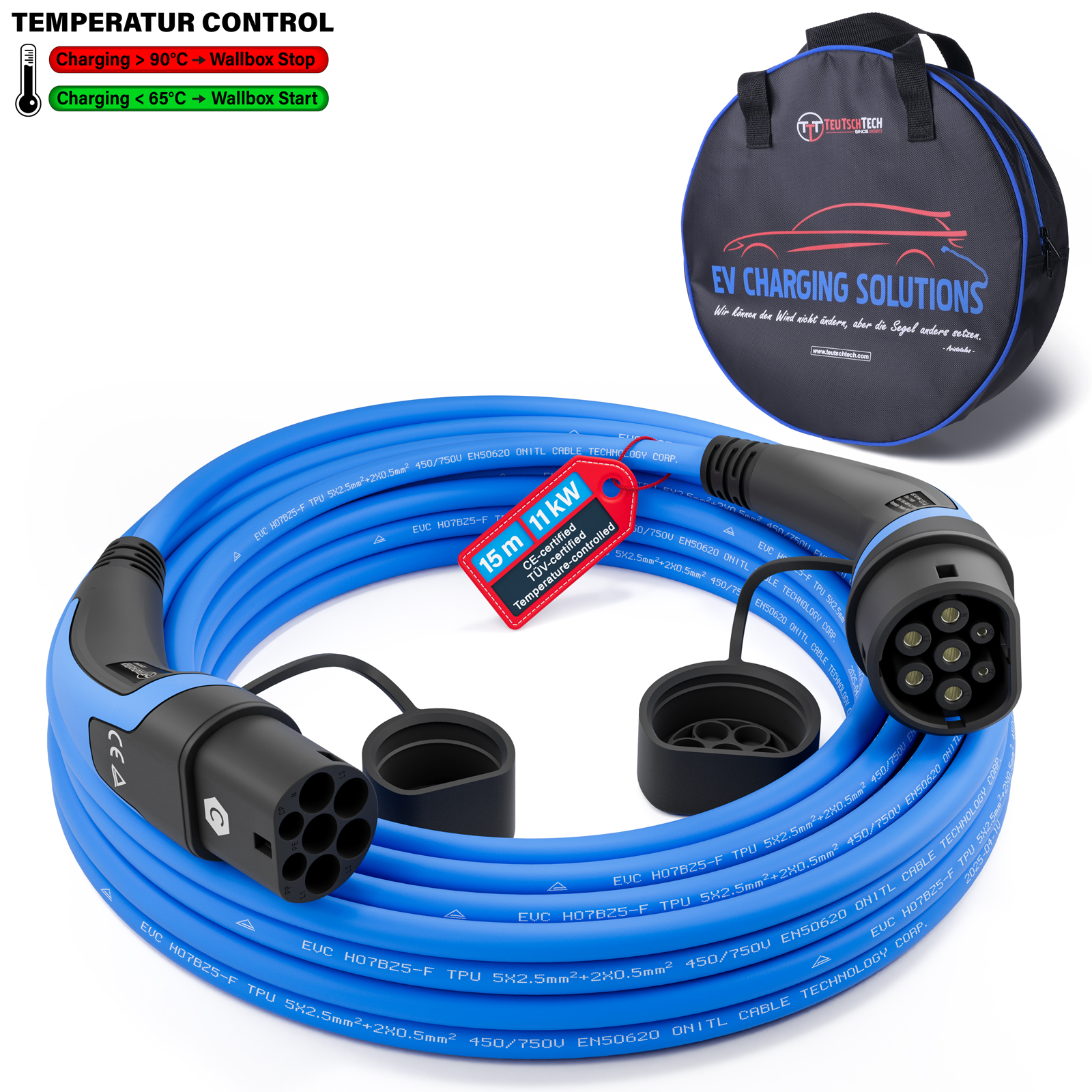Typ 2 Ladekabel Mode 3 | 16 A | 11 kW | 15 m | Temperaturüberwacht | Sicher Laden | Blau