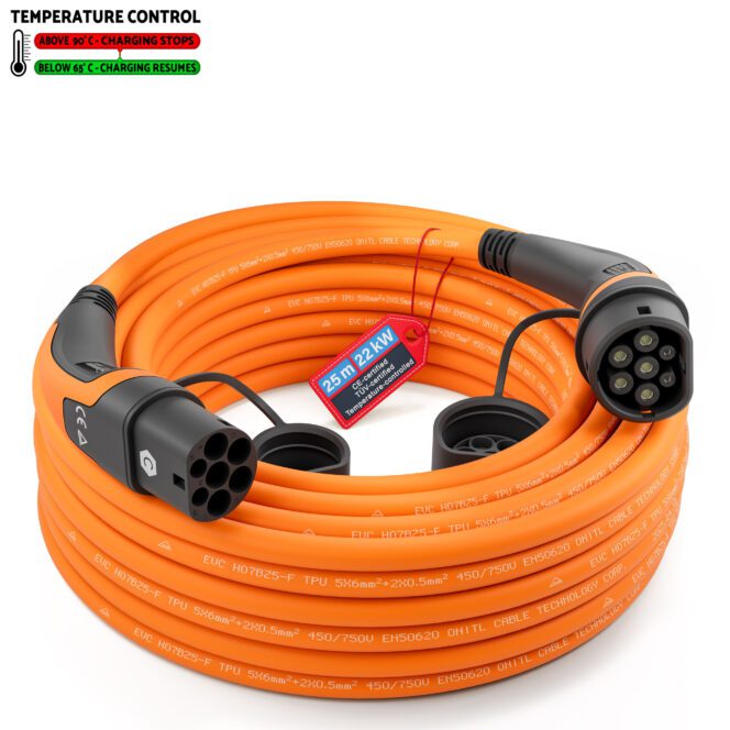 Ladekabel für Elektroauto mit Typ 2 Stecker, Mode 3, passend für alle Elektro- und Hybridautos/PHEV und für alle AC-Ladestationen/Wallboxen mit Typ 2 Stecker. Ladegeschwindigkeit 3-phasig 32A 22 KW, Farbe orange